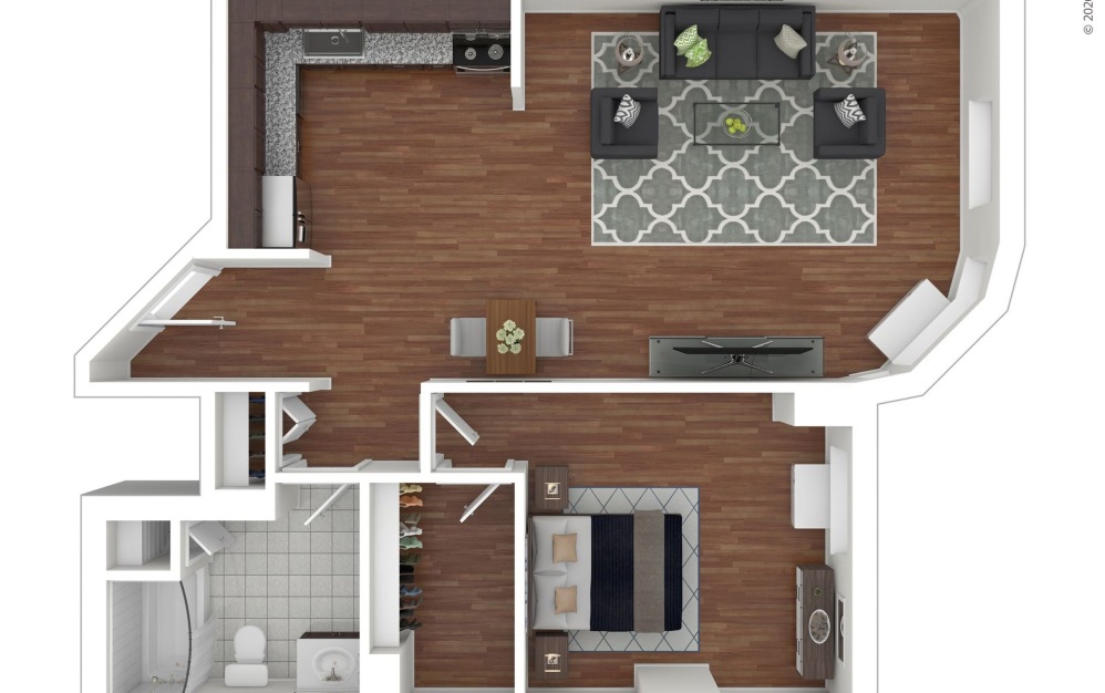 D - 1 bedroom floorplan layout with 1 bath and 715 square feet.