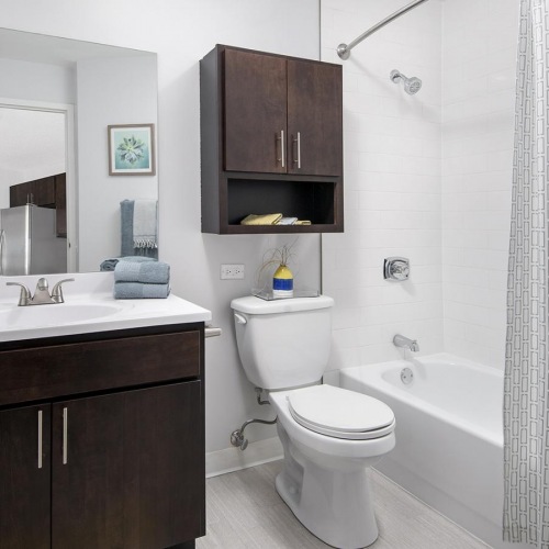 Spacious bathrooms with everything you need shower/tub combo in bathroom