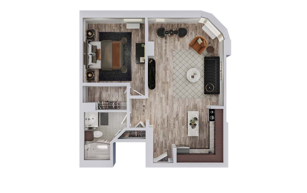 C - 1 bedroom floorplan layout with 1 bathroom and 680 square feet