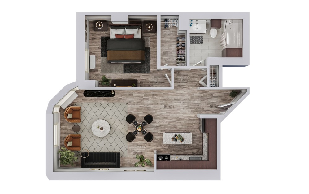 D - 1 bedroom floorplan layout with 1 bathroom and 715 square feet