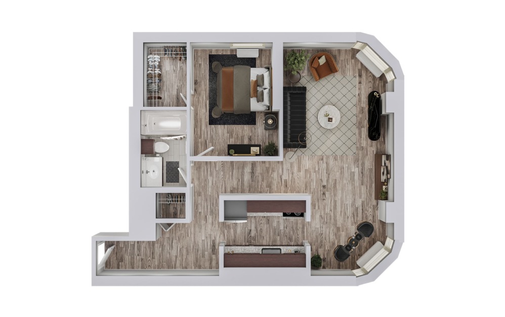 E - 1 bedroom floorplan layout with 1 bathroom and 707 square feet