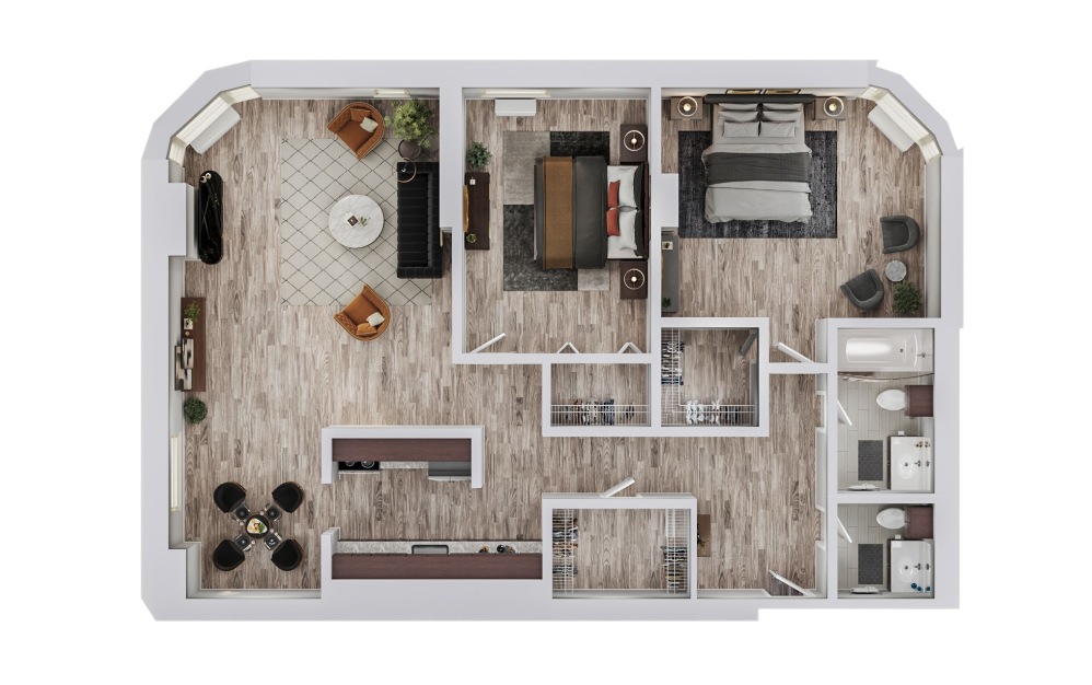 F - 2 bedroom floorplan layout with 1.5 bathroom and 1024 square feet