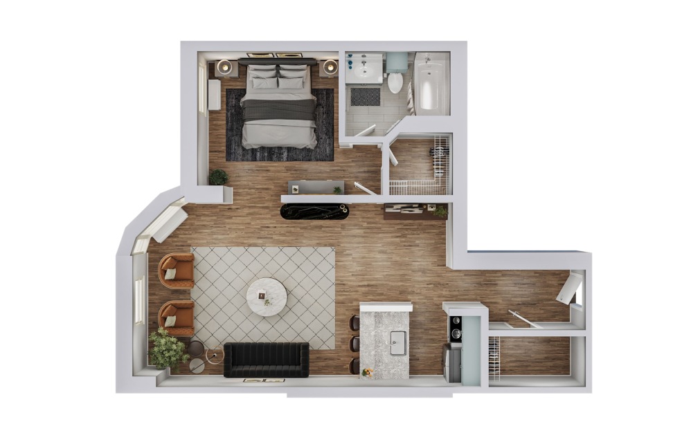 H - Studio floorplan layout with 1 bathroom and 662 square feet