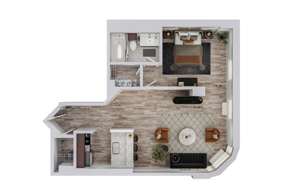 J - Studio floorplan layout with 1 bathroom and 624 square feet