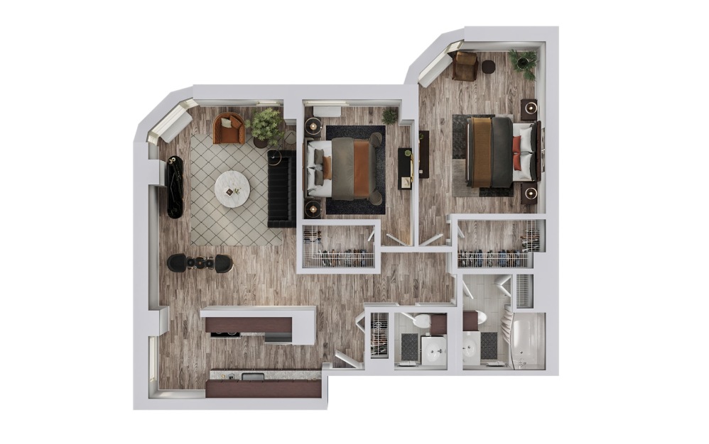 K - 2 bedroom floorplan layout with 1.5 bathroom and 946 square feet