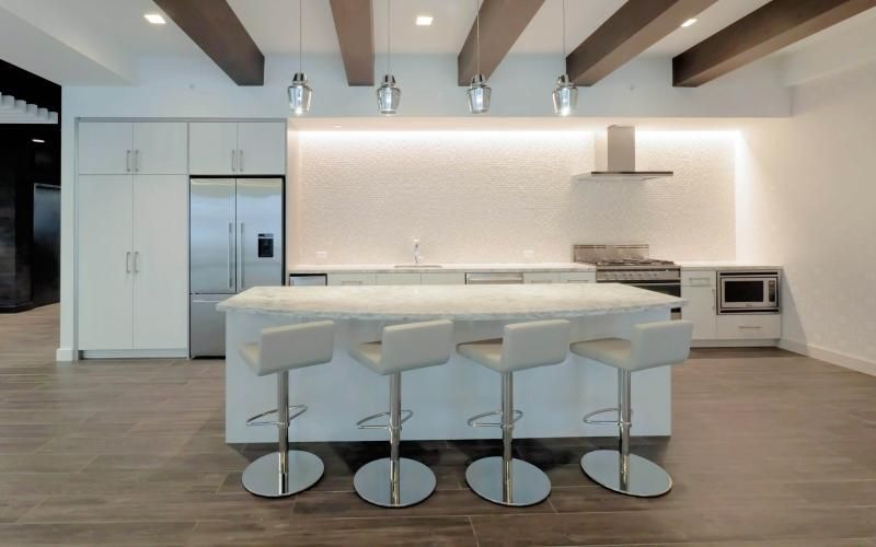clubhouse kitchen with stools at island